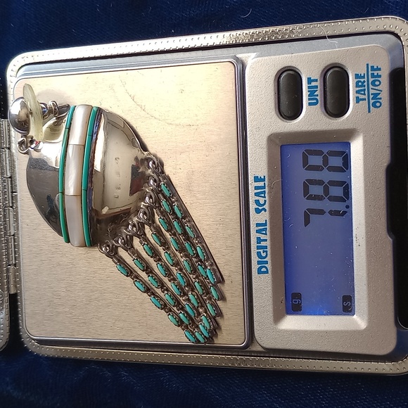 Native American Mother Of Pearl & Turquoise Sterling Silver Dangle Stud Earrings - Picture 14 of 16